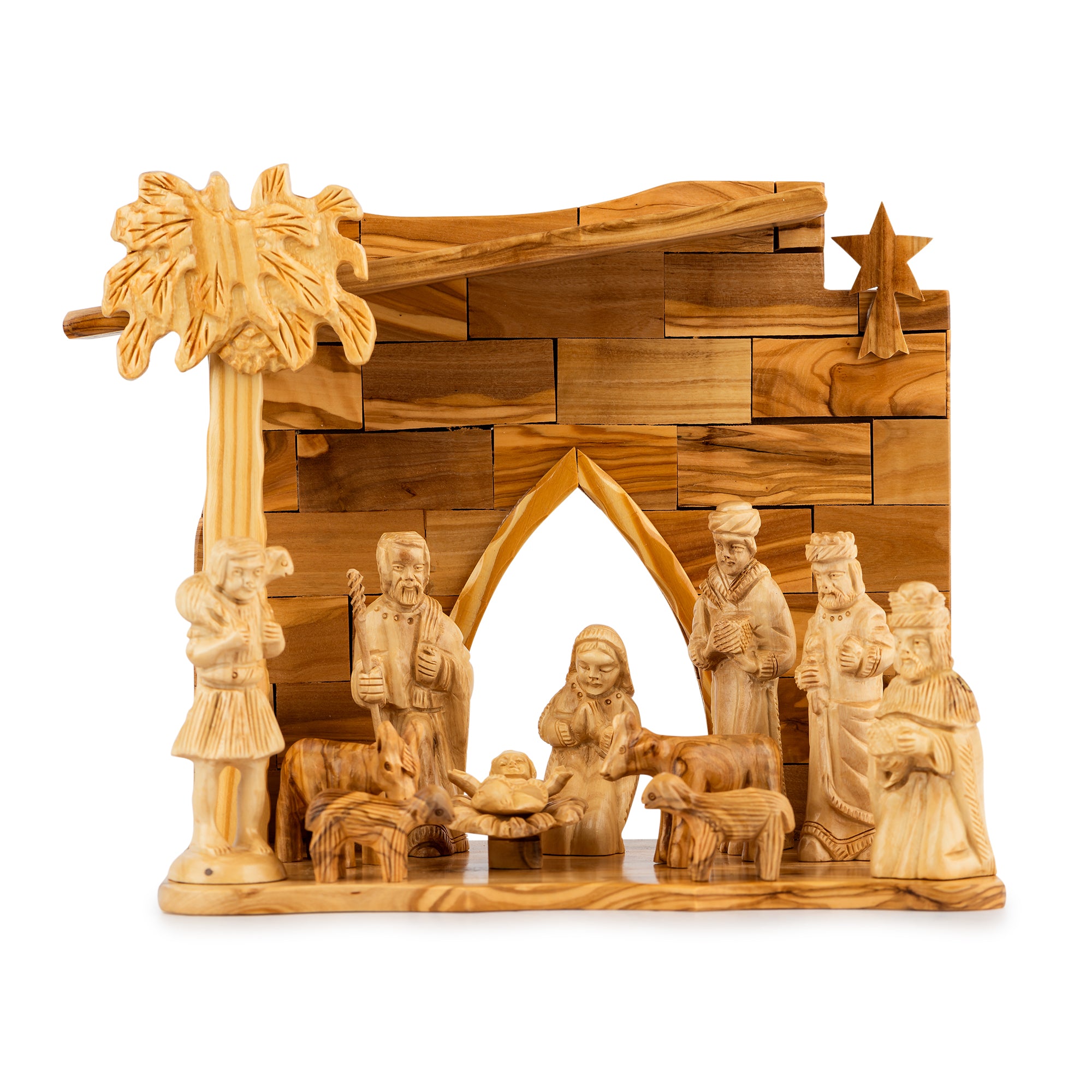 Olive Wood Nativity Scene with Arch Stable & Magi | Hand Carved Holy Family & Wise Men | Holy Land Christian Gift