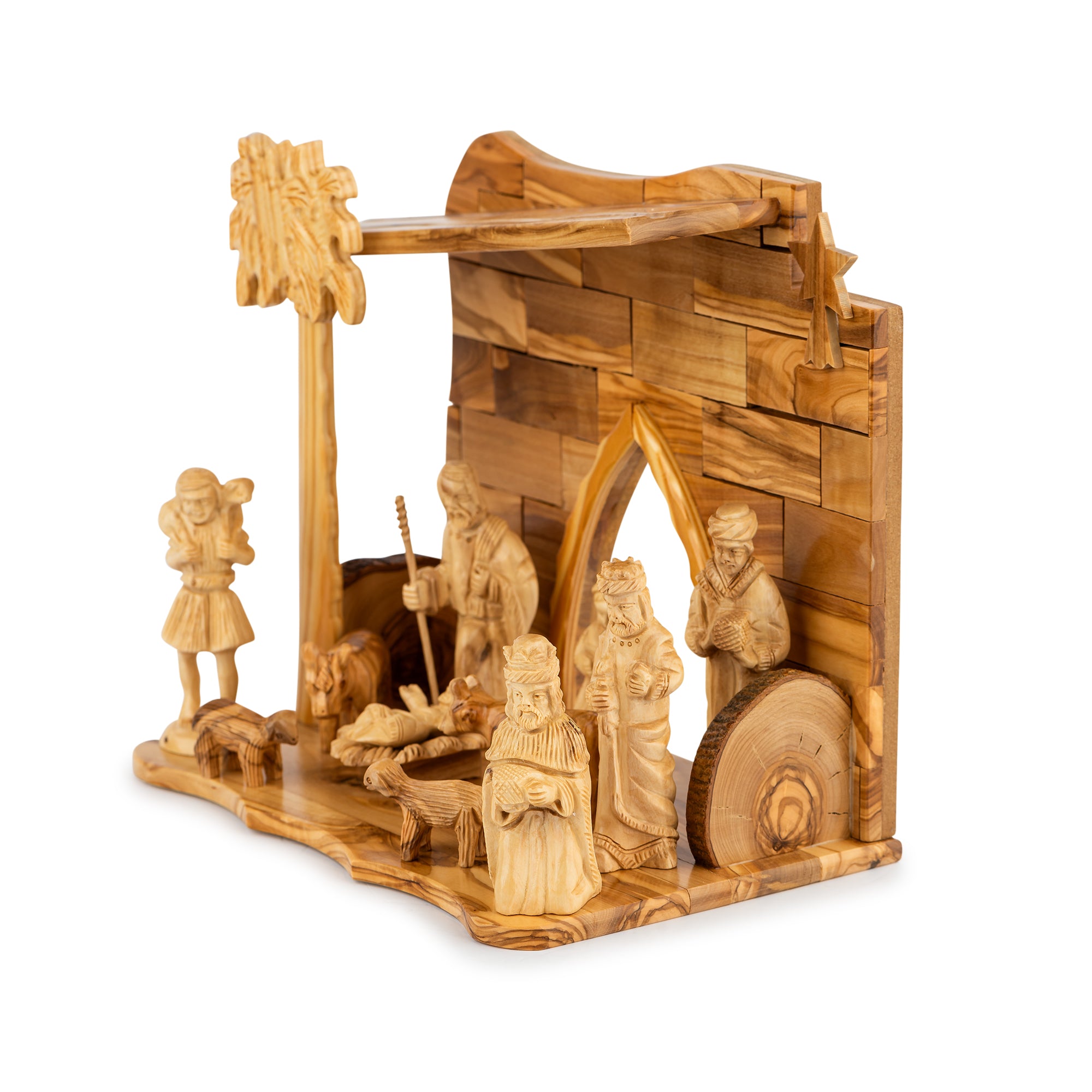 Olive Wood Nativity Scene with Arch Stable & Magi | Hand Carved Holy Family & Wise Men | Holy Land Christian Gift