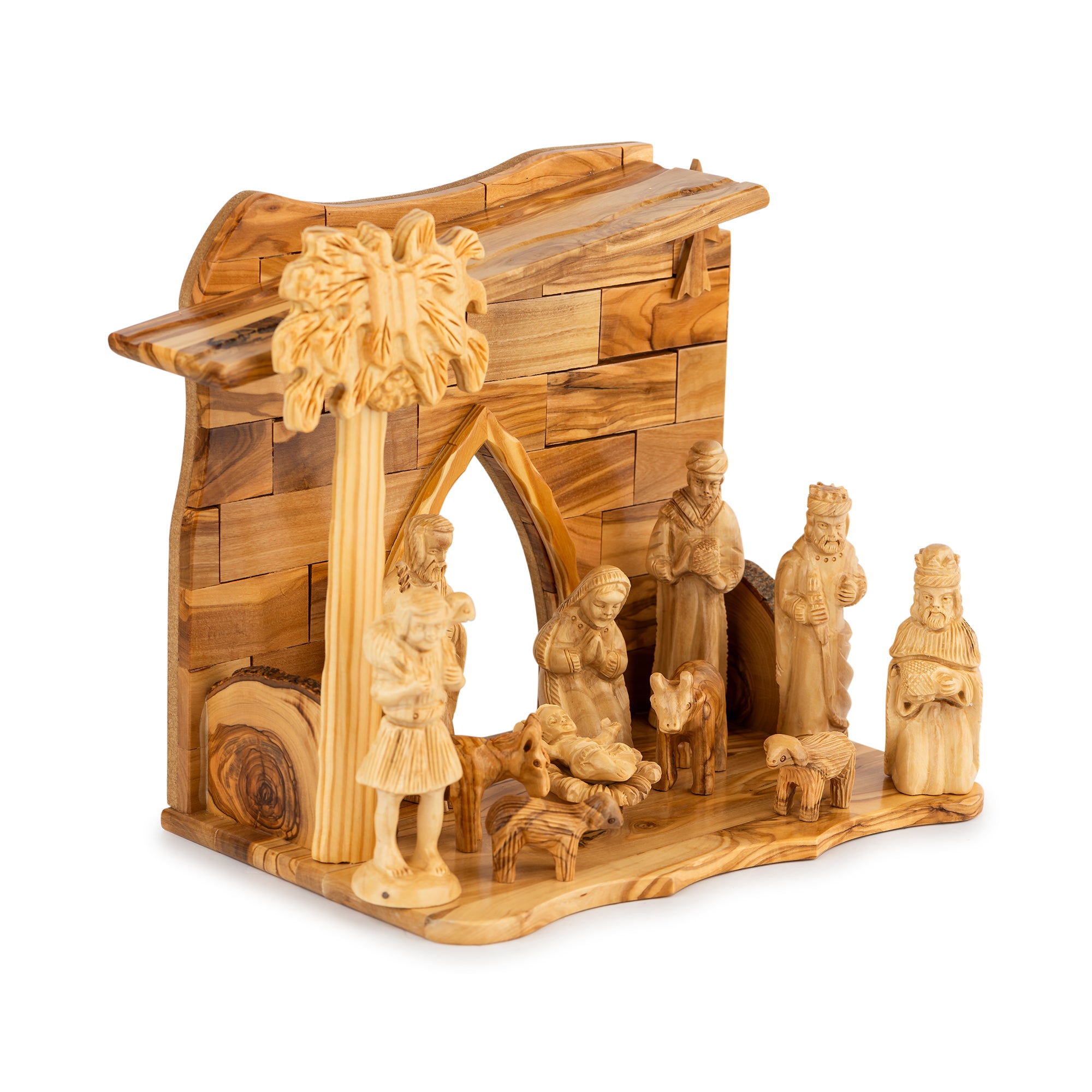 Olive Wood Nativity Scene with Arch Stable & Magi | Hand Carved Holy Family & Wise Men | Holy Land Christian Gift