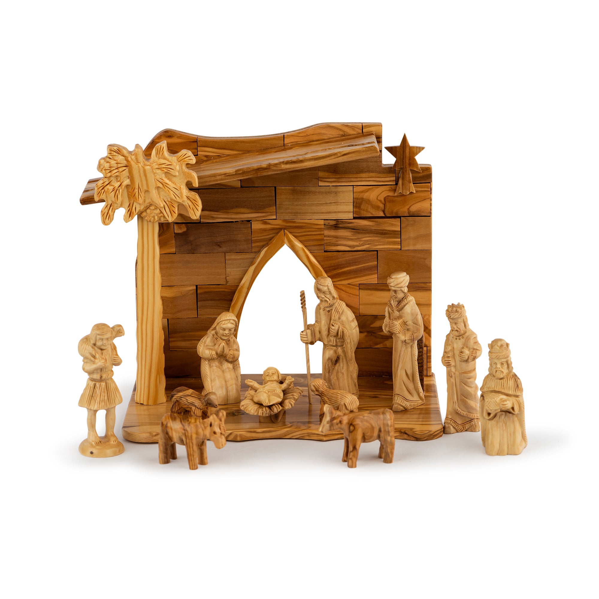 Olive Wood Nativity Scene with Arch Stable & Magi | Hand Carved Holy Family & Wise Men | Holy Land Christian Gift