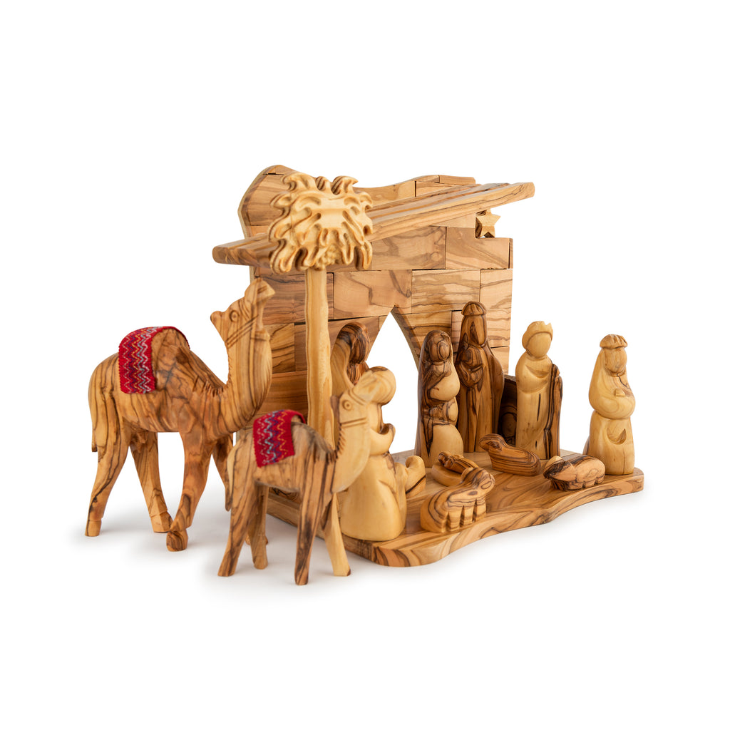 Olive Wood Nativity Scene with Arched Stable & Camels | Hand Carved Holy Family & Magi | Holy Land Christian Gift