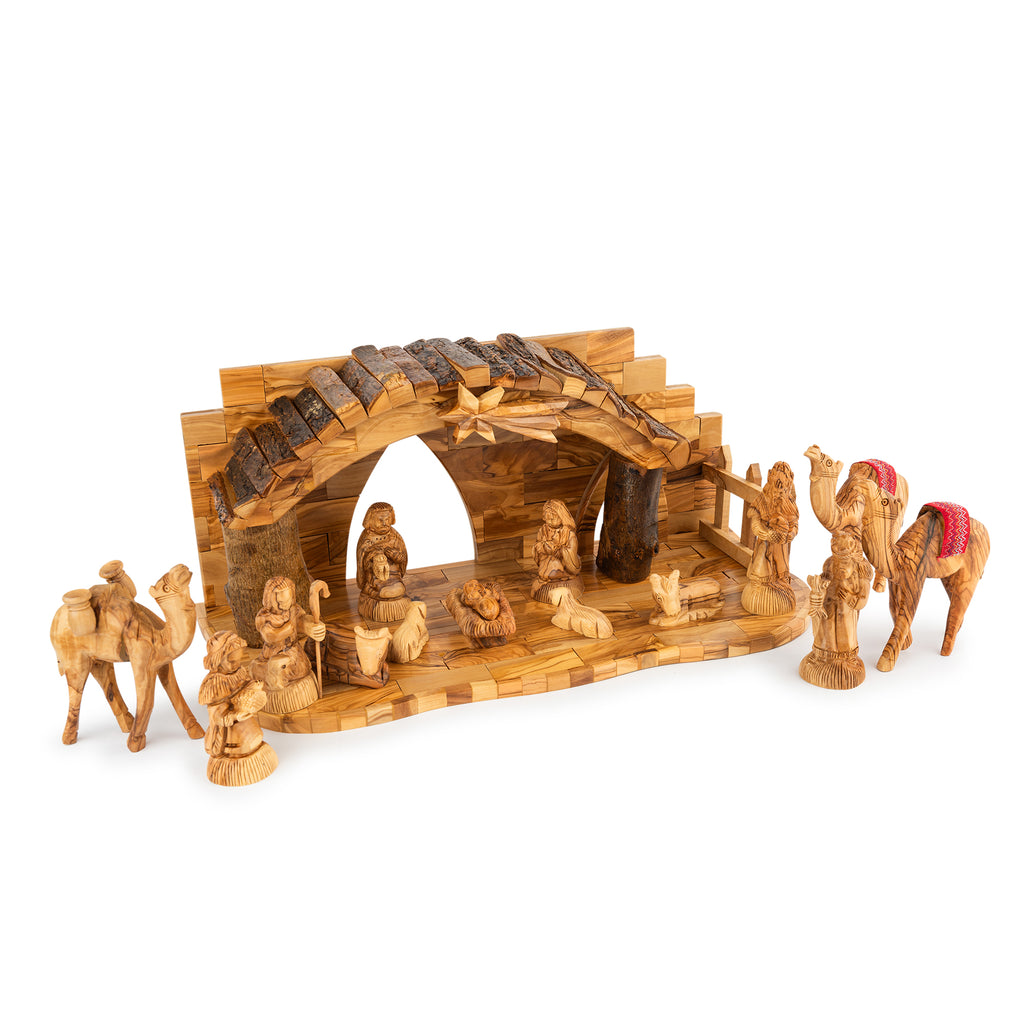 Title: Olive Wood Arched Nativity Scene with Camels | Hand Carved Holy Family & Magi | Holy Land Christian Gift