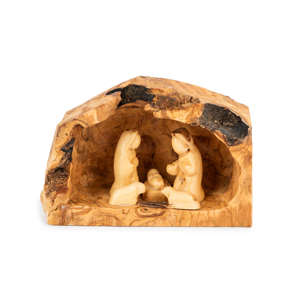 Rustic Olive Wood Nativity Scene in Natural Wood Slice | Hand Carved Holy Family | Holy Land Christian Gift