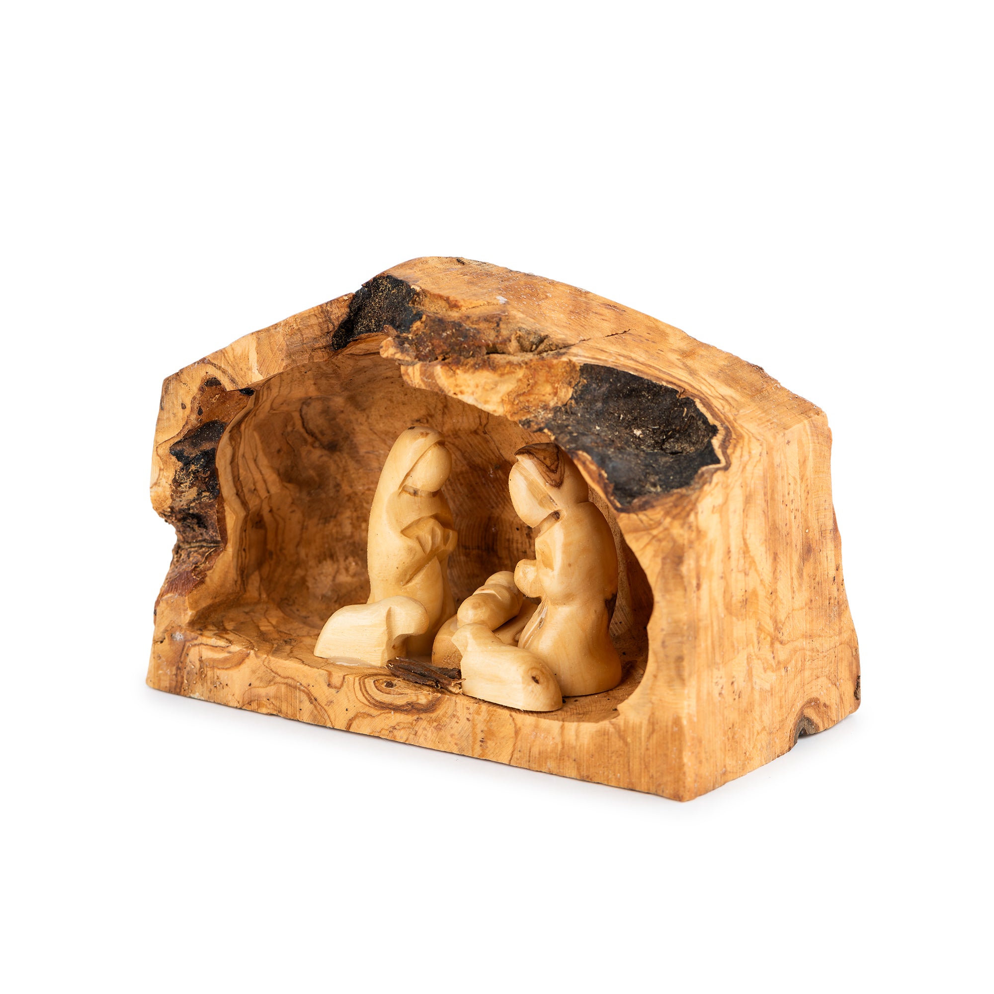 Rustic Olive Wood Nativity Scene in Natural Wood Slice | Hand Carved Holy Family | Holy Land Christian Gift