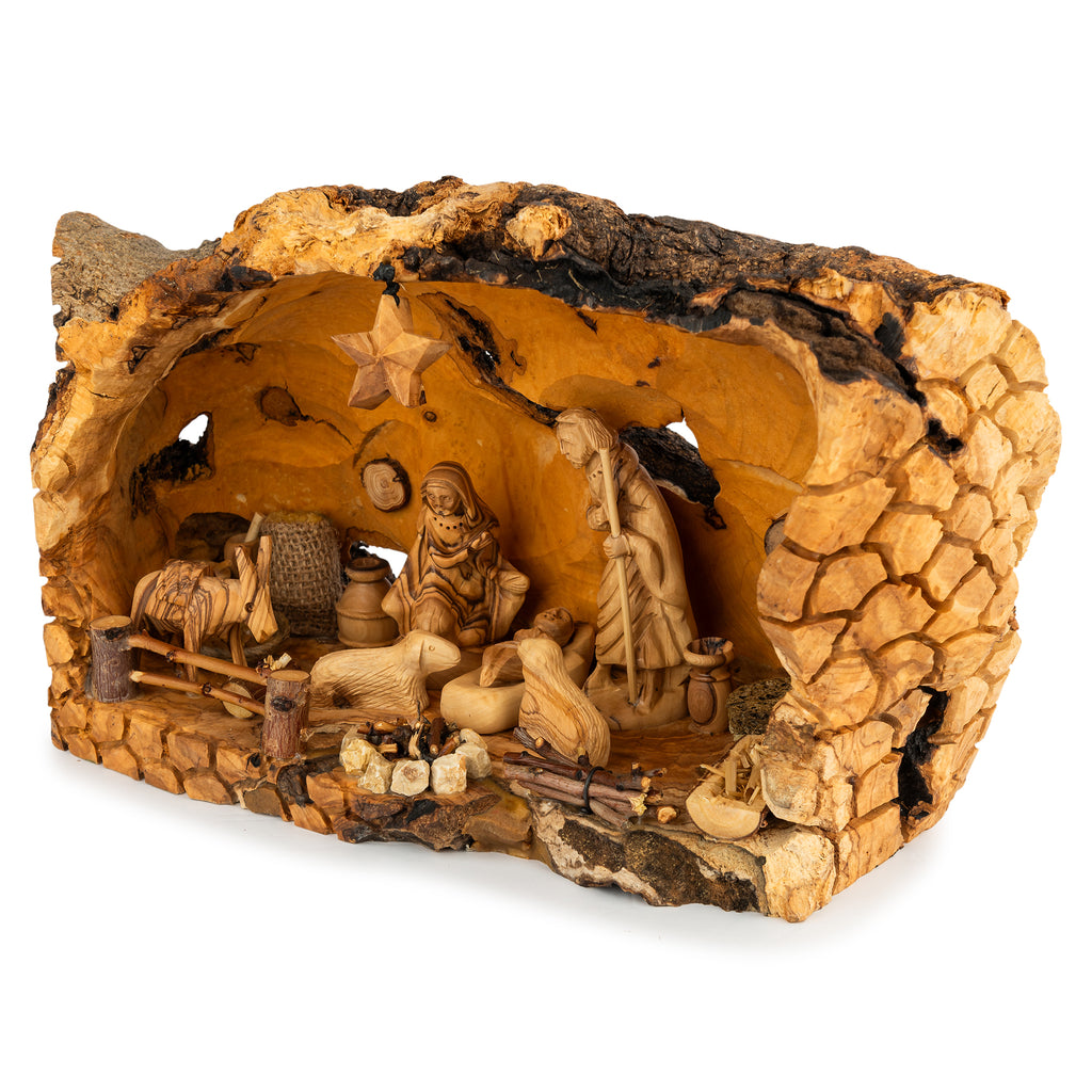 Rustic Olive Wood Nativity Scene in Natural Hollow | Hand Carved Holy Family | Holy Land Christian Gift