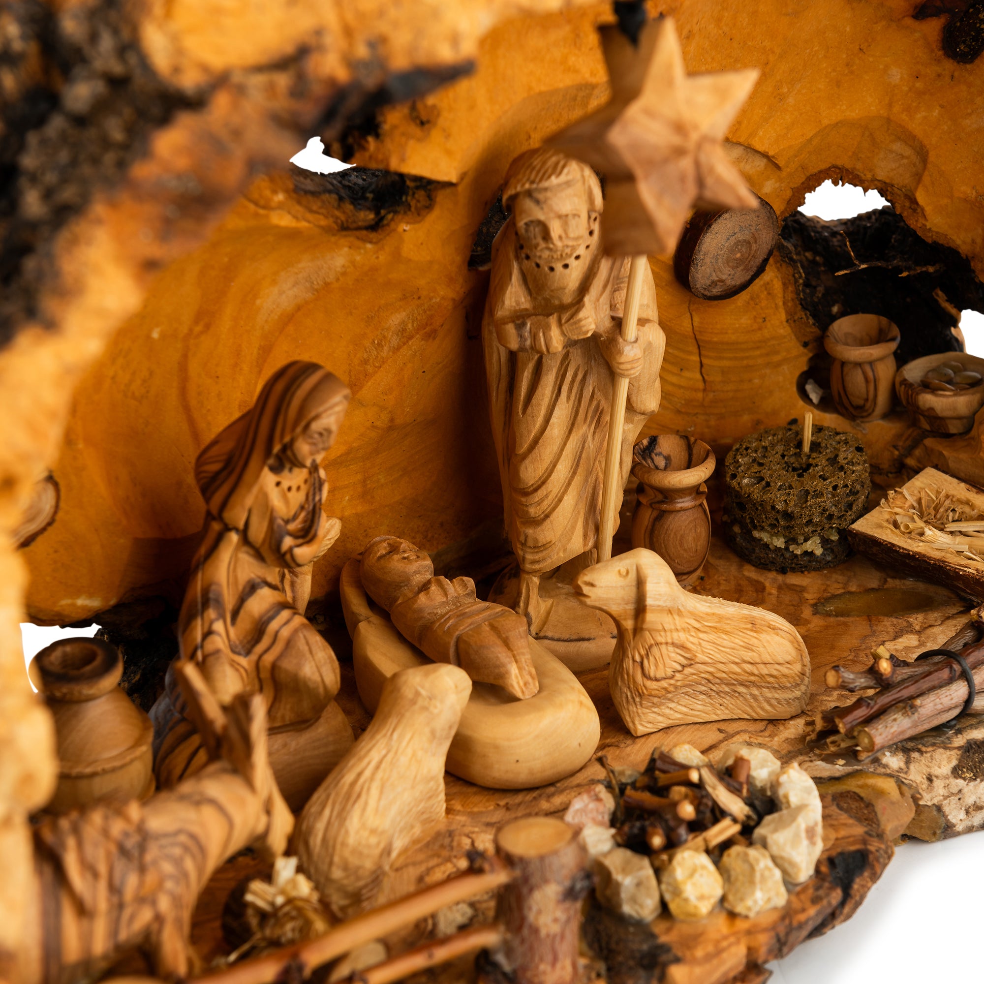 Rustic Olive Wood Nativity Scene in Natural Hollow | Hand Carved Holy Family | Holy Land Christian Gift