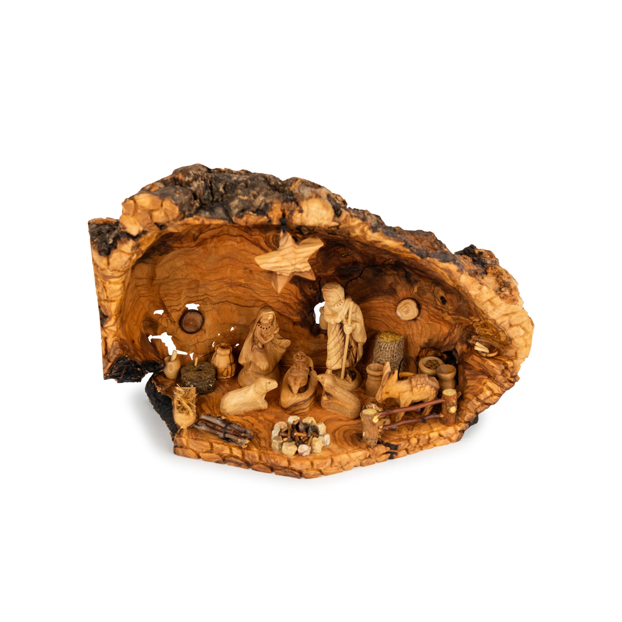 Rustic Olive Wood Nativity Scene in Natural Hollow | Hand Carved Holy Family | Holy Land Christian Gift