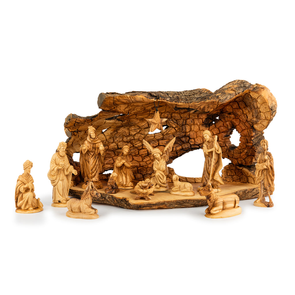 Rustic Olive Wood Cave Nativity Scene with Magi | Hand Carved Holy Family & Shepherds | Holy Land Christian Gift