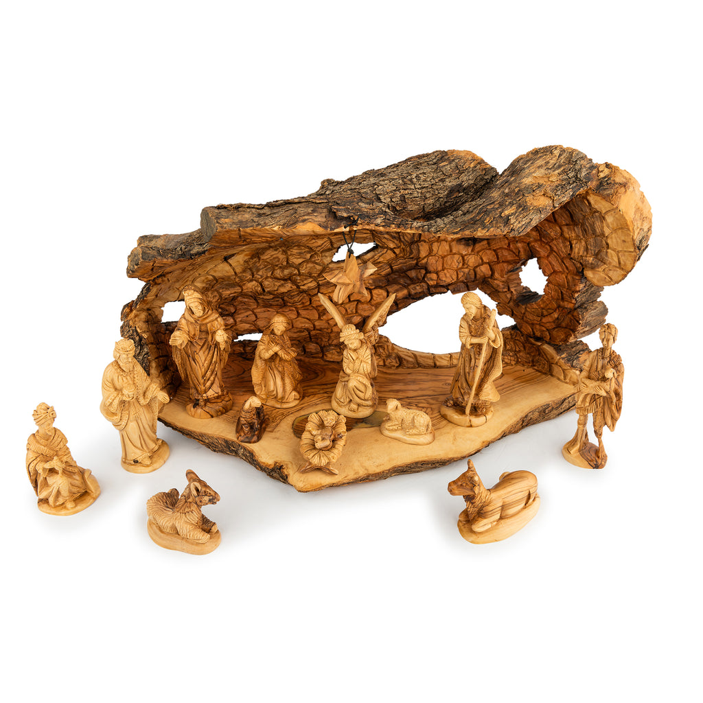 Rustic Olive Wood Cave Nativity Scene with Magi | Hand Carved Holy Family & Shepherds | Holy Land Christian Gift