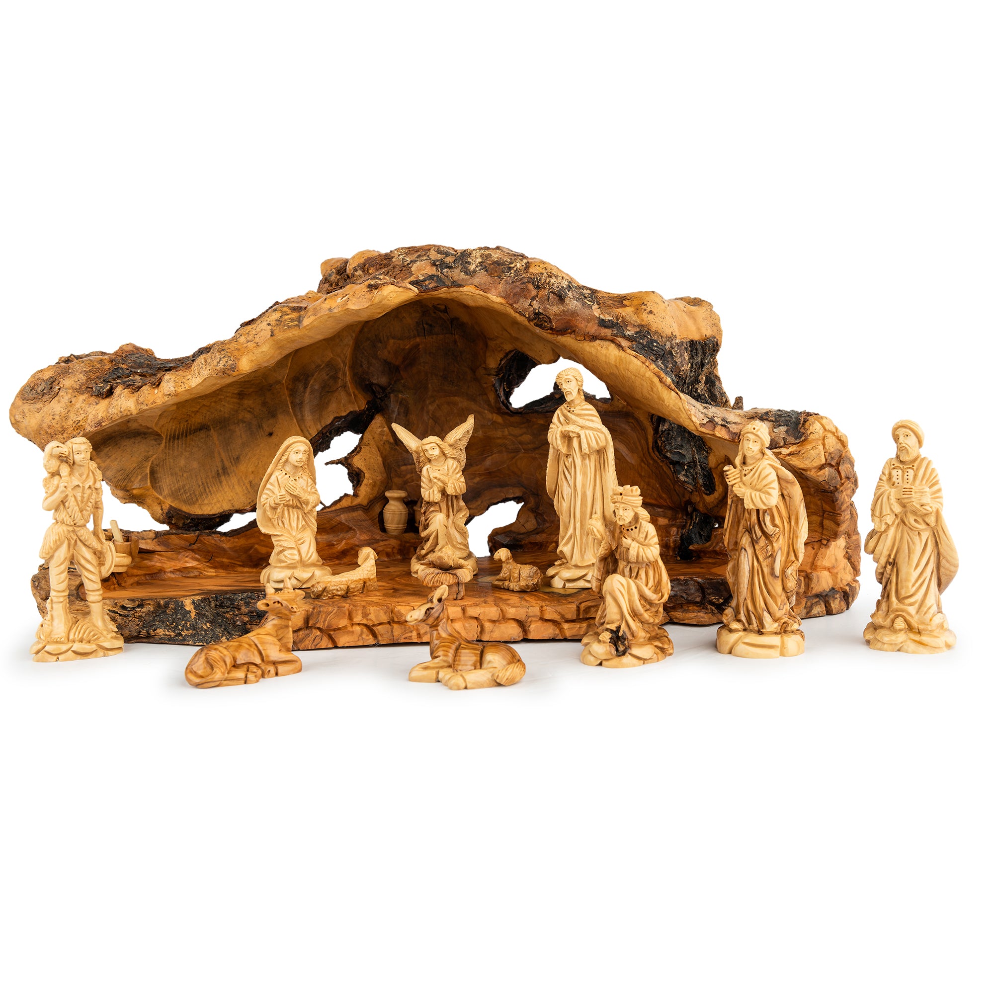 Rustic Olive Wood Cave Nativity Scene with Magi | Hand Carved Holy Family & Shepherds | Holy Land Christian Gift