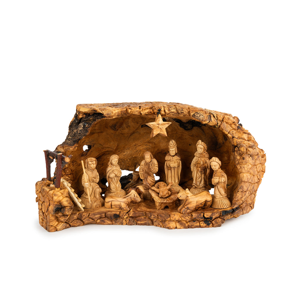 Rustic Olive Wood Cave Nativity Scene with Magi | Hand Carved Holy Family & Shepherds | Holy Land Christian Gift