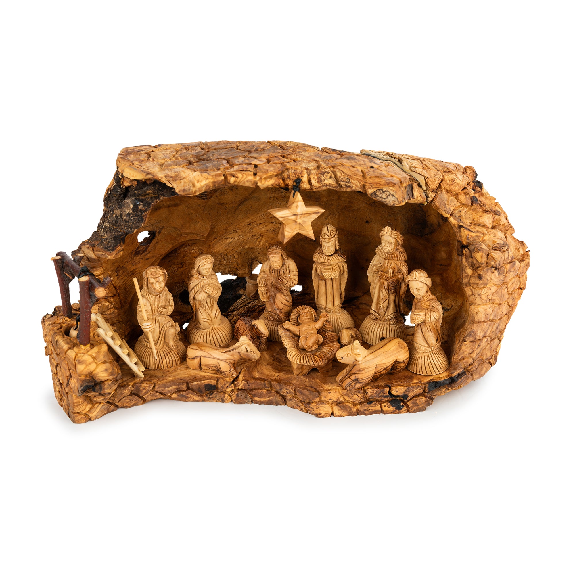 Rustic Olive Wood Cave Nativity Scene with Magi | Hand Carved Holy Family & Shepherds | Holy Land Christian Gift