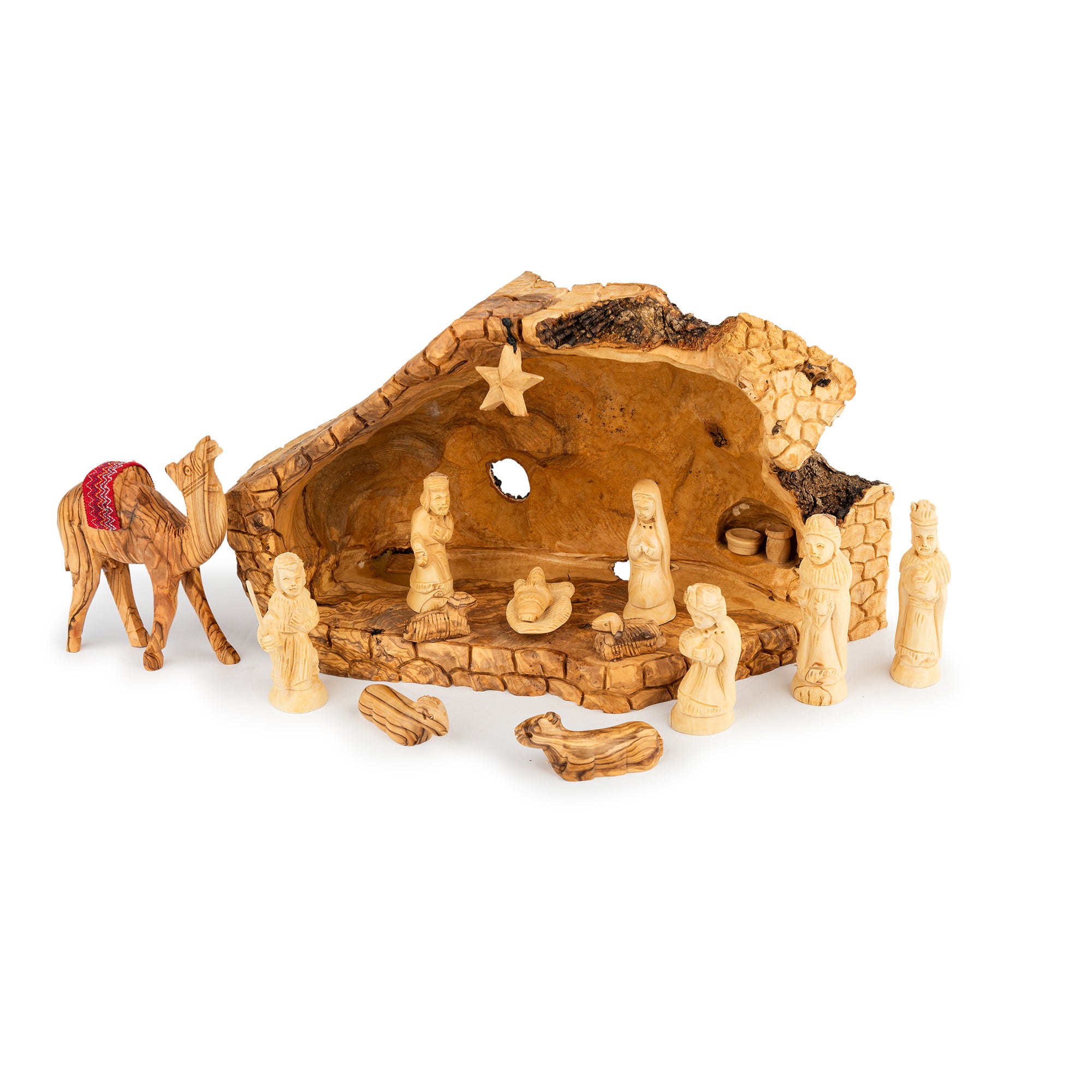 Rustic Olive Wood Cave Nativity Scene with Magi | Hand Carved Holy Family & Shepherds | Holy Land Christian Gift