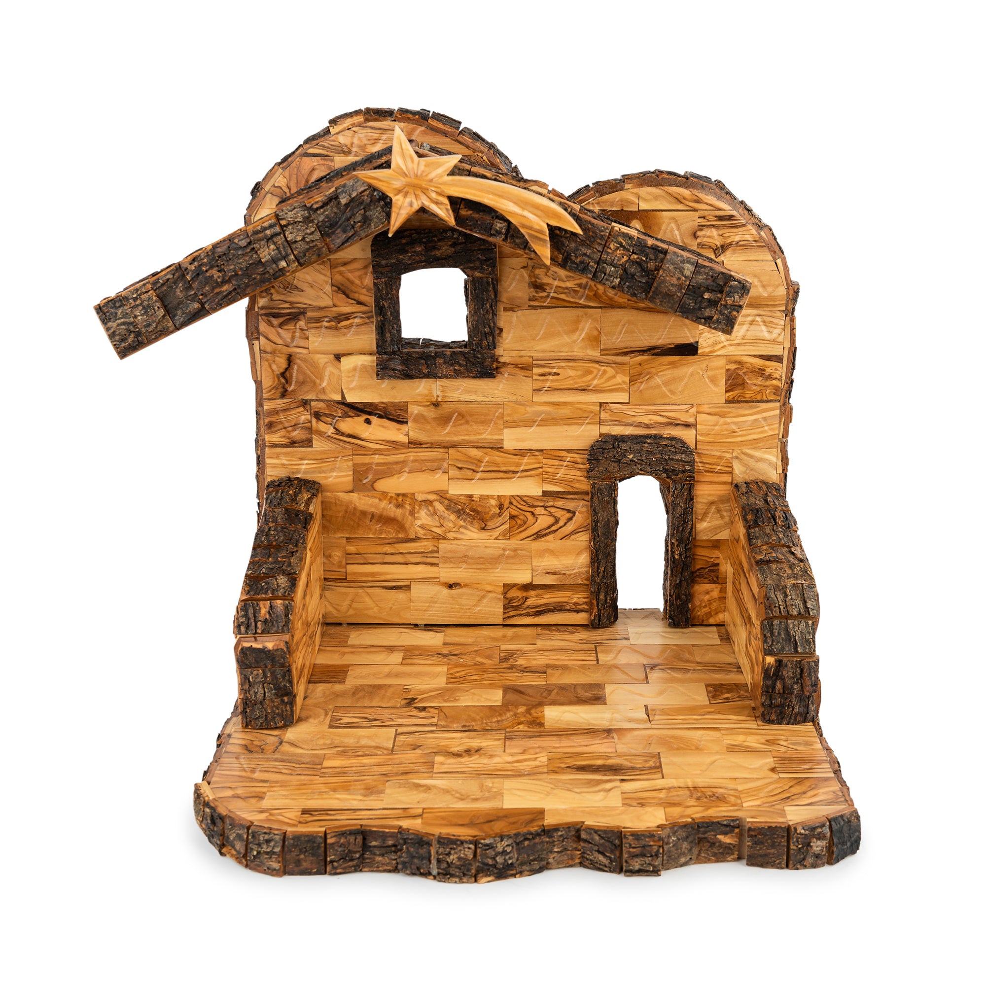 Olive Wood Nativity Stable with Star & Bark Roof | Hand Carved Holy Land Manger | Christian Gift