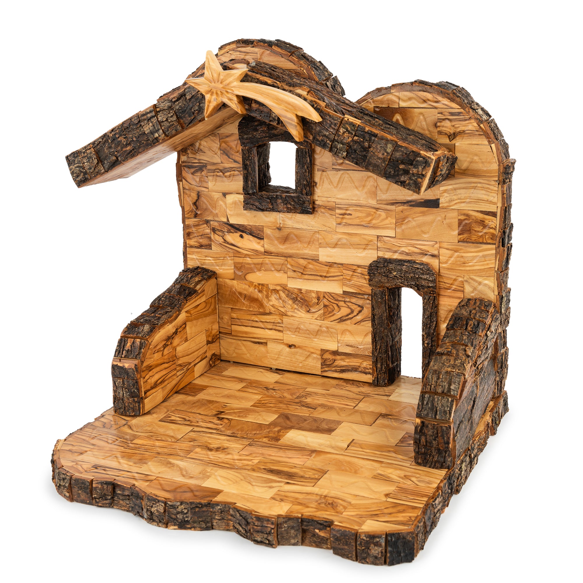Olive Wood Nativity Stable with Star & Bark Roof | Hand Carved Holy Land Manger | Christian Gift