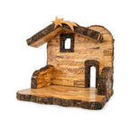 Olive Wood Nativity Stable with Star & Bark Roof | Hand Carved Holy Land Manger | Christian Gift