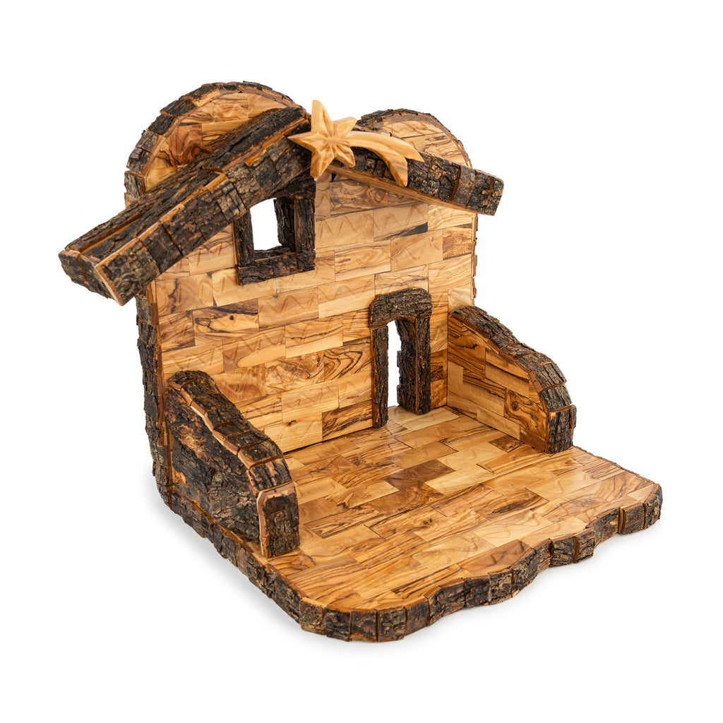 Olive Wood Nativity Stable with Star & Bark Roof | Hand Carved Holy Land Manger | Christian Gift