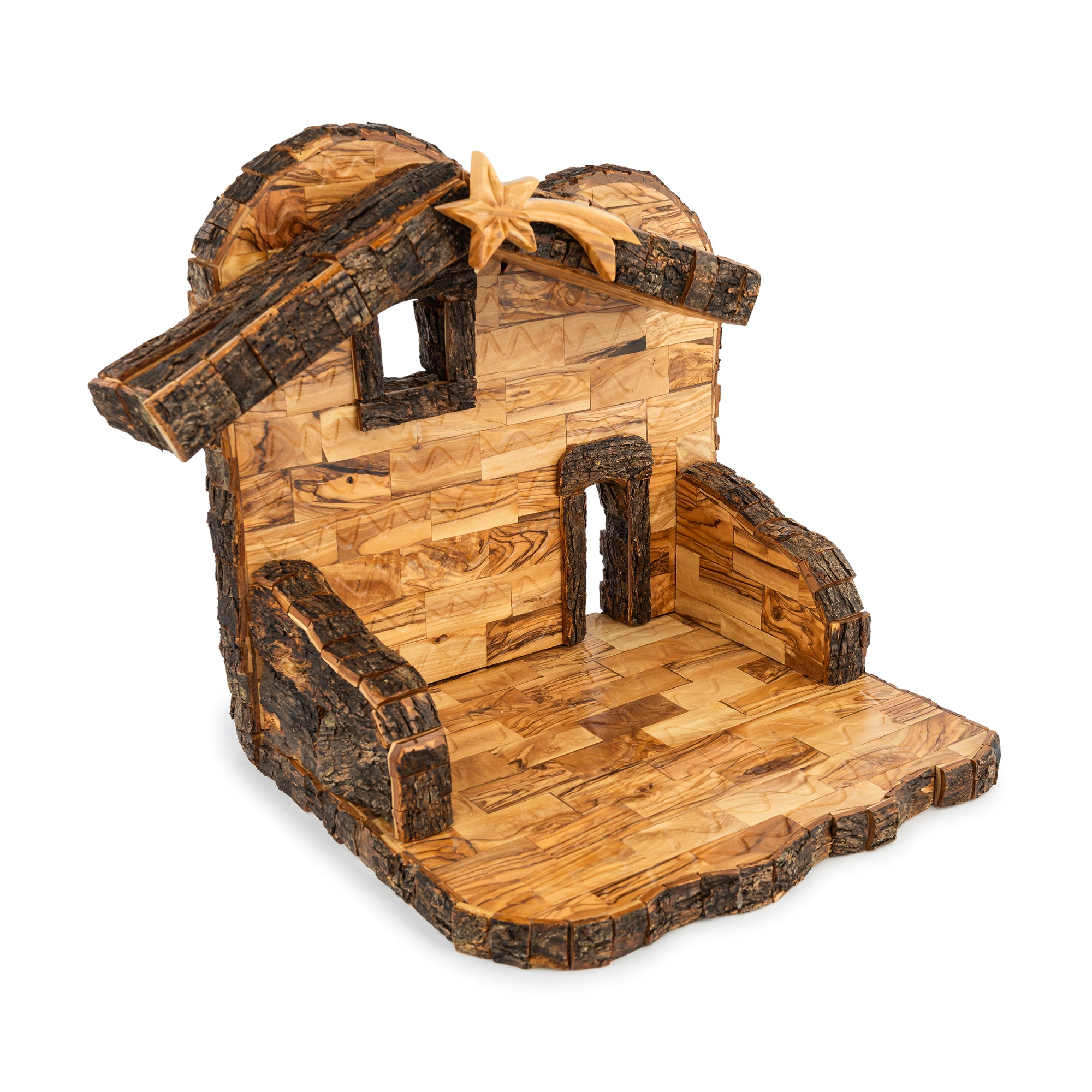 Olive Wood Nativity Stable with Star & Bark Roof | Hand Carved Holy Land Manger | Christian Gift