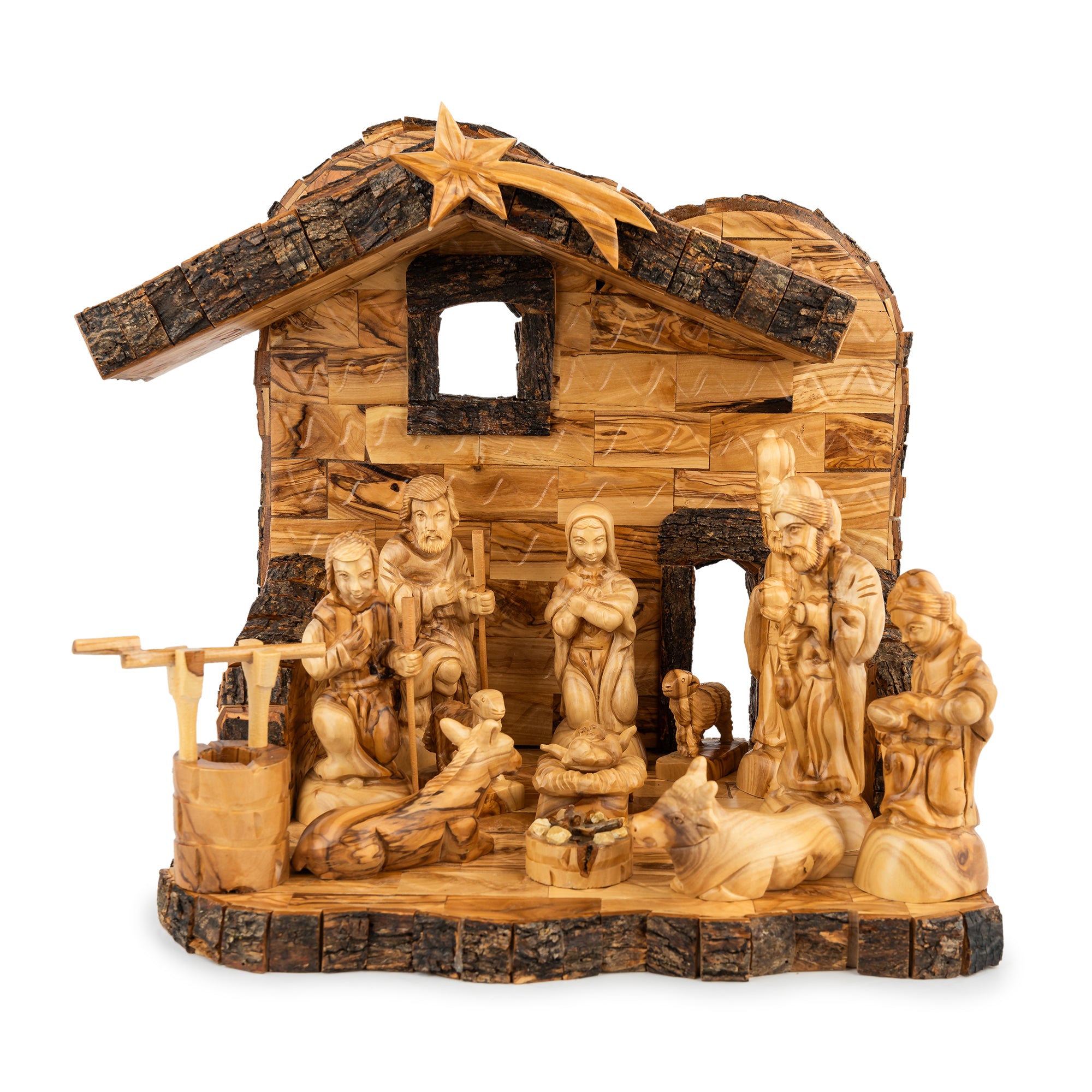 Olive Wood Nativity Stable with Star & Bark Roof | Hand Carved Holy Land Manger | Christian Gift