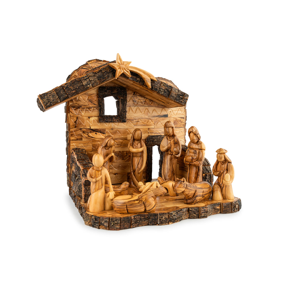 Olive Wood Nativity Stable with Star & Bark Roof | Hand Carved Holy Land Manger | Christian Gift