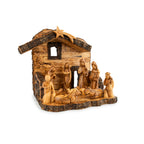 Olive Wood Nativity Stable with Star & Bark Roof | Hand Carved Holy Land Manger | Christian Gift
