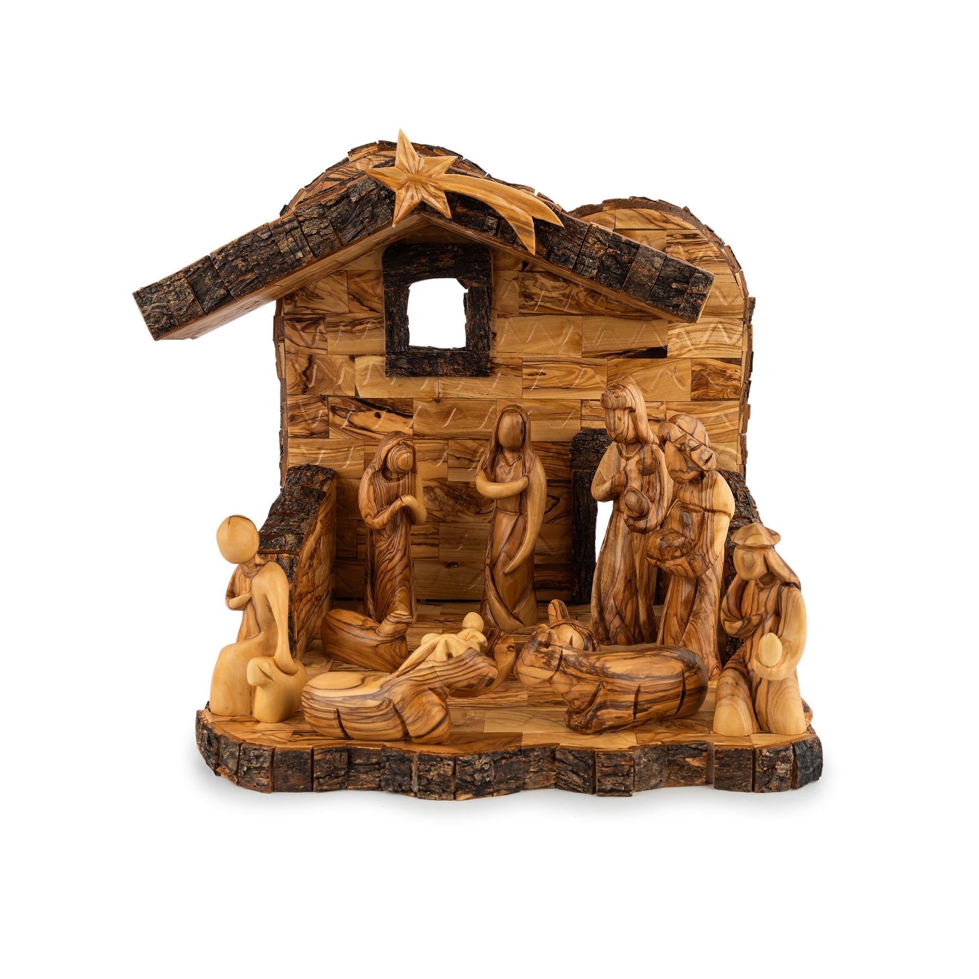 Olive Wood Nativity Stable with Star & Bark Roof | Hand Carved Holy Land Manger | Christian Gift