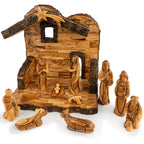 Olive Wood Nativity Stable with Star & Bark Roof | Hand Carved Holy Land Manger | Christian Gift