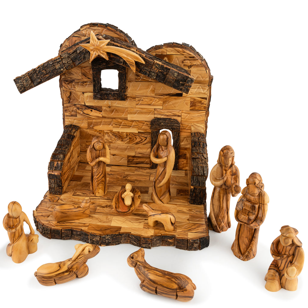 Olive Wood Nativity Stable with Star & Bark Roof | Hand Carved Holy Land Manger | Christian Gift