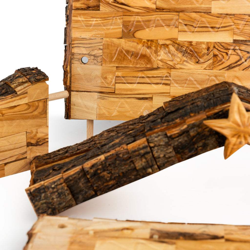 Olive Wood Nativity Stable with Star & Bark Roof | Hand Carved Holy Land Manger | Christian Gift