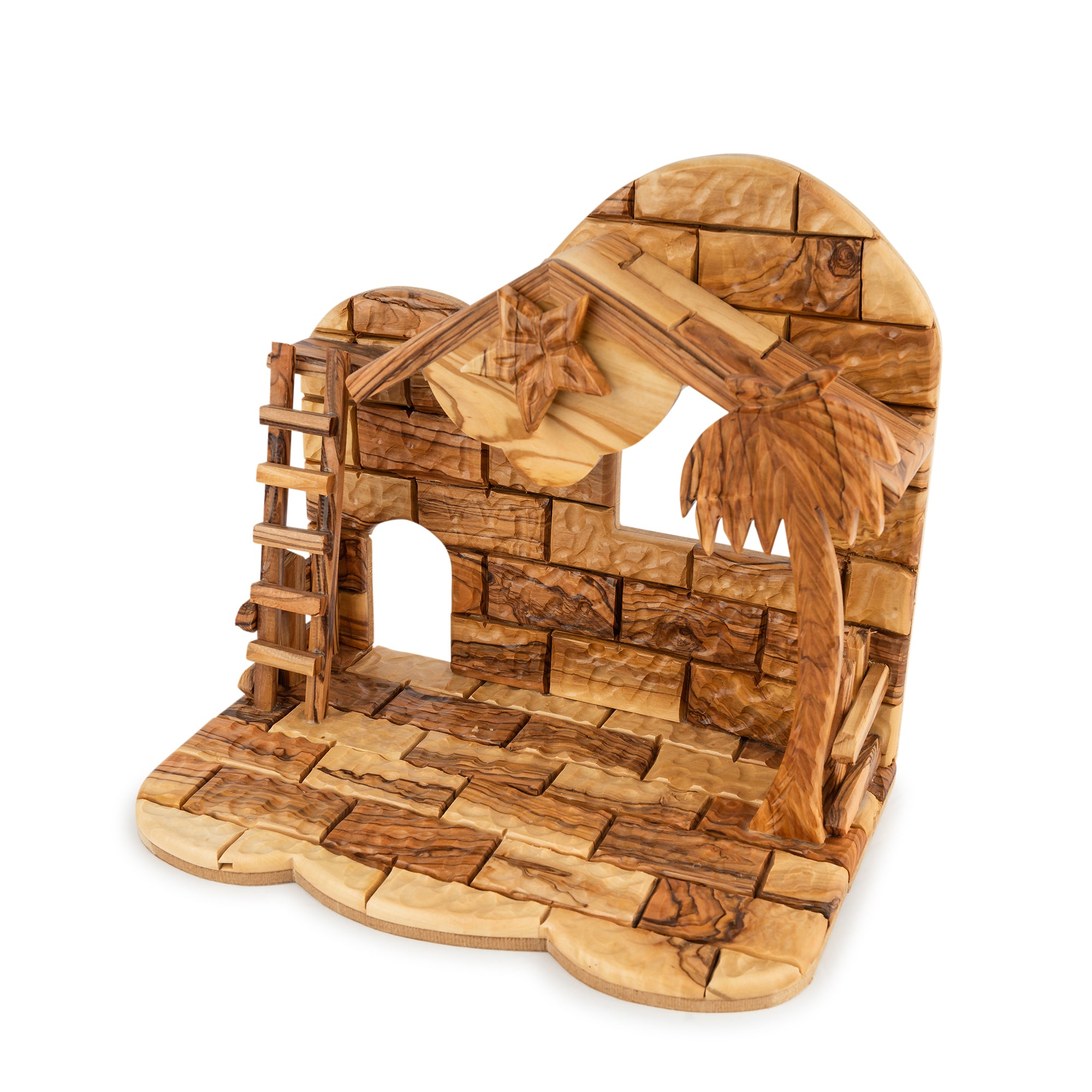Olive Wood Nativity Scene with Palm Tree, Ladder & Star | Hand Carved Holy Family | Holy Land Christian Gift