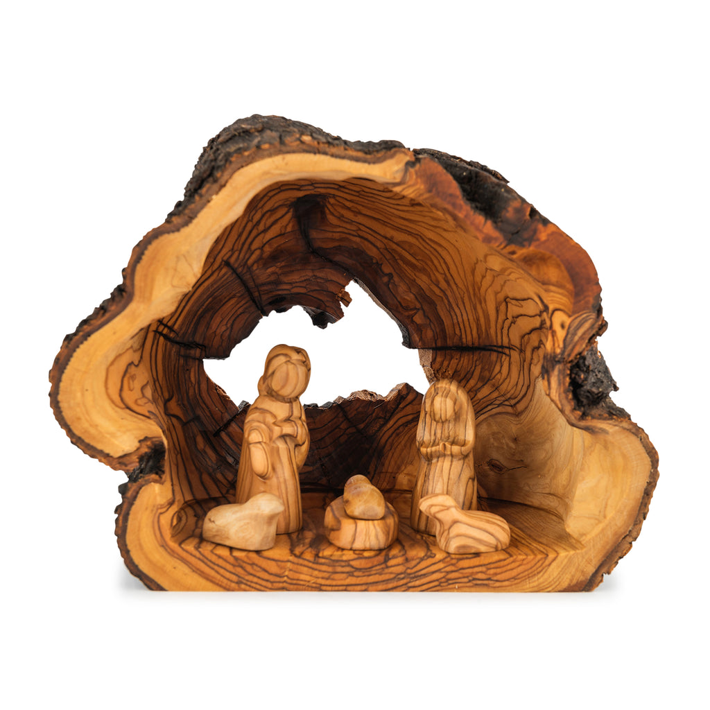 Rustic Olive Wood Nativity Scene in Natural Hollow | Hand Carved Holy Family | Holy Land Christian Gift