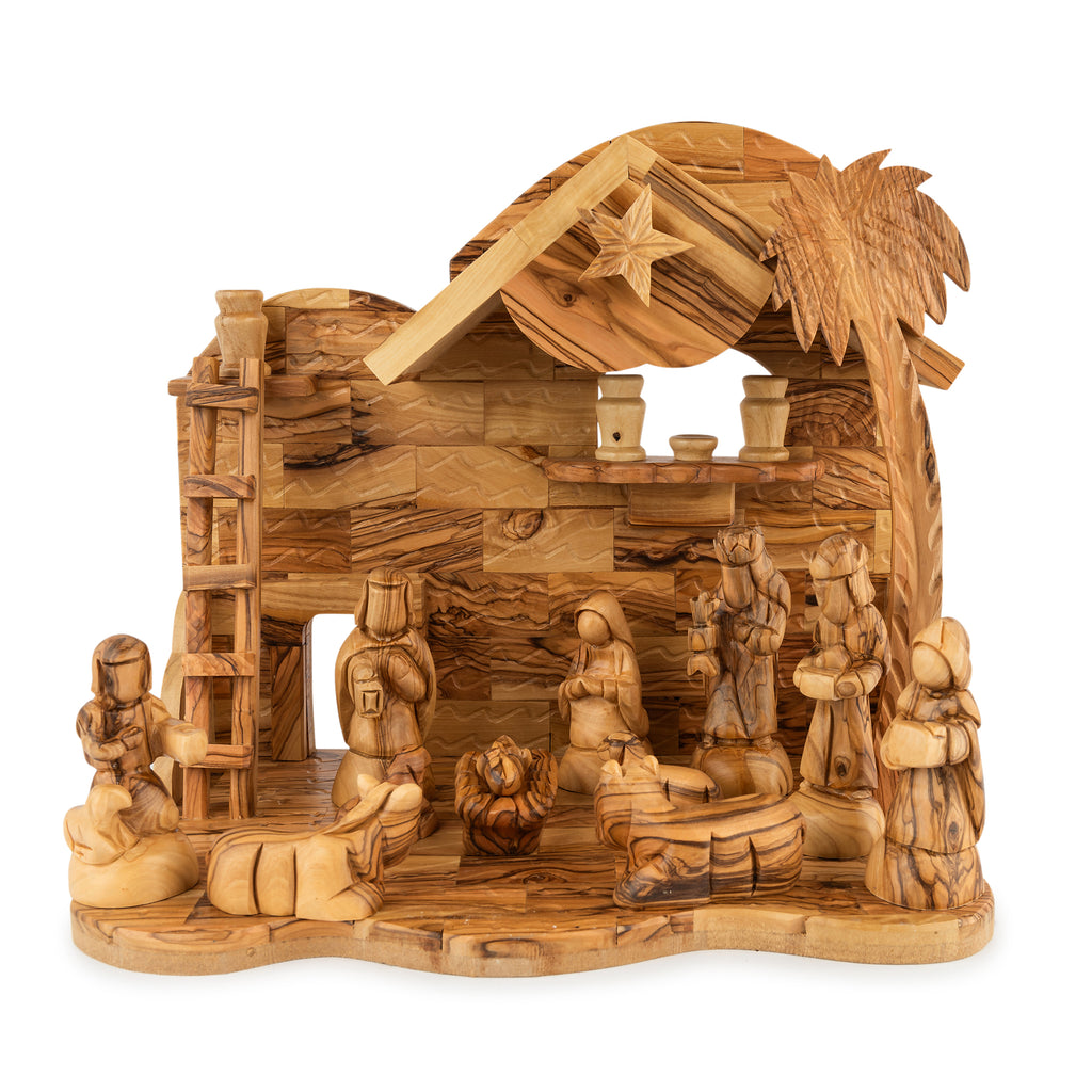 Olive Wood Nativity Scene with Palm Tree, Ladder & Star | Hand Carved Holy Family | Holy Land Christian Gift