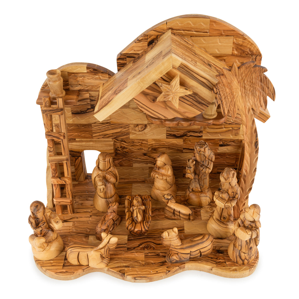 Olive Wood Nativity Scene with Palm Tree, Ladder & Star | Hand Carved Holy Family | Holy Land Christian Gift