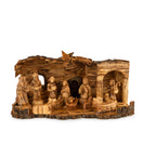 Large Rustic Olive Wood Nativity Scene with Detailed Stable | Hand Carved Holy Family & Shepherds | Holy Land Christian Gift