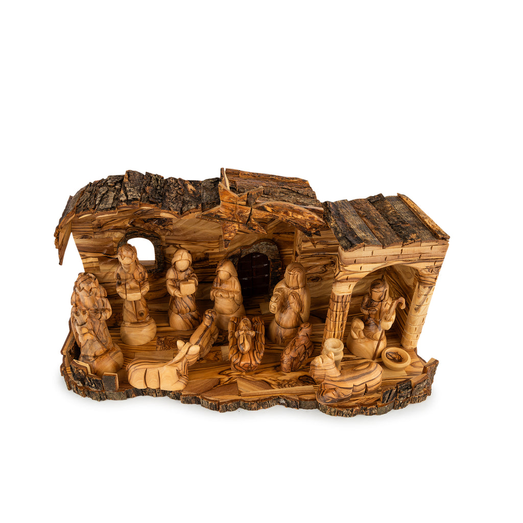 Large Rustic Olive Wood Nativity Scene with Detailed Stable | Hand Carved Holy Family & Shepherds | Holy Land Christian Gift