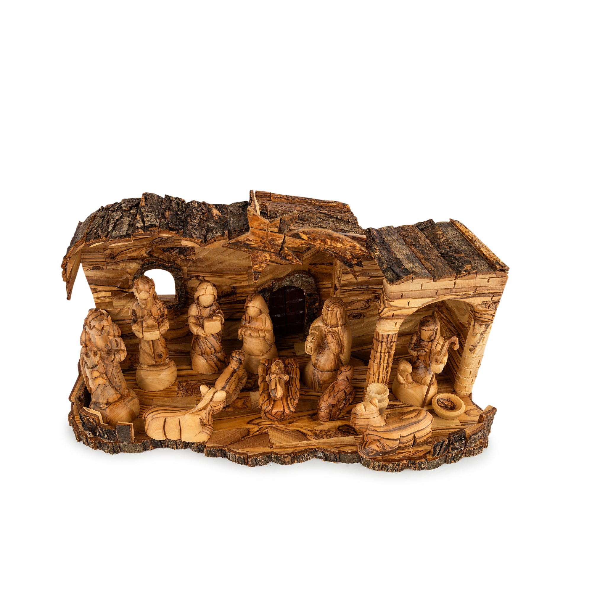 Large Rustic Olive Wood Nativity Scene with Detailed Stable | Hand Carved Holy Family & Shepherds | Holy Land Christian Gift