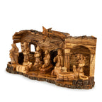 Large Rustic Olive Wood Nativity Scene with Detailed Stable | Hand Carved Holy Family & Shepherds | Holy Land Christian Gift
