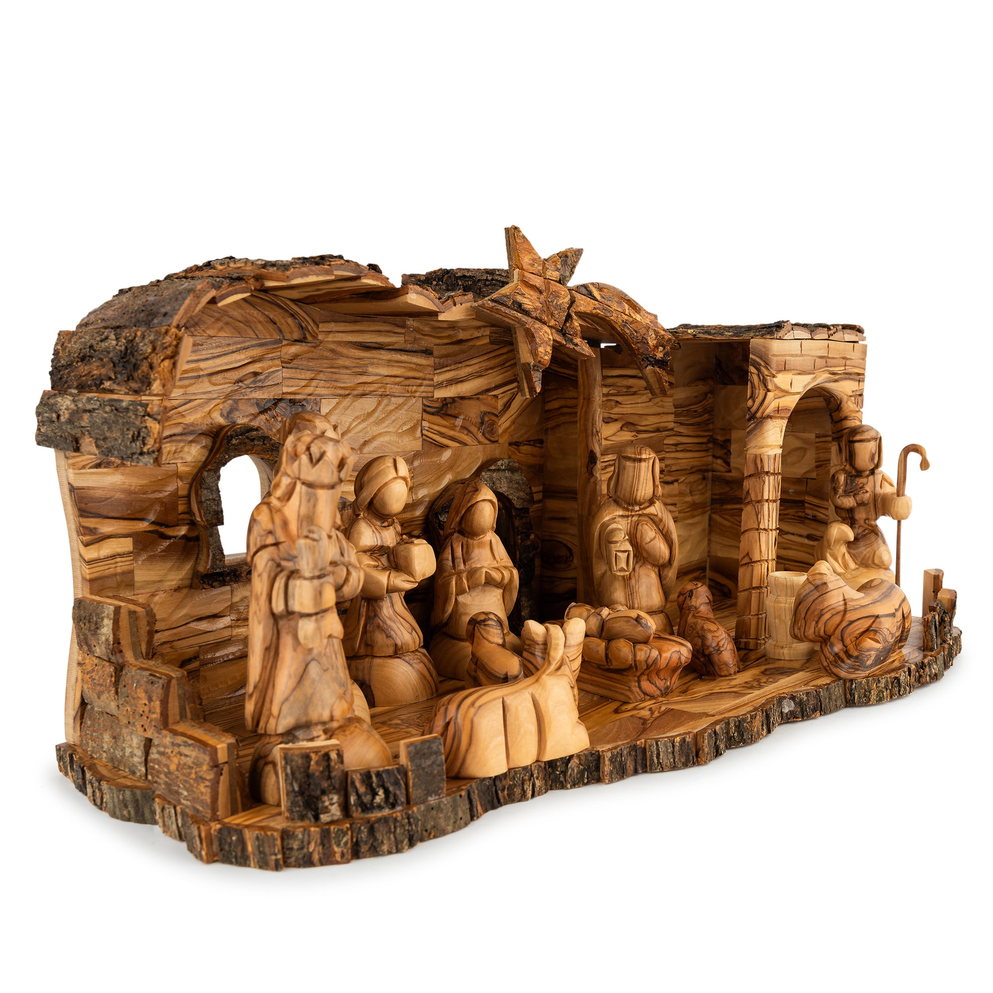 Large Rustic Olive Wood Nativity Scene with Detailed Stable | Hand Carved Holy Family & Shepherds | Holy Land Christian Gift